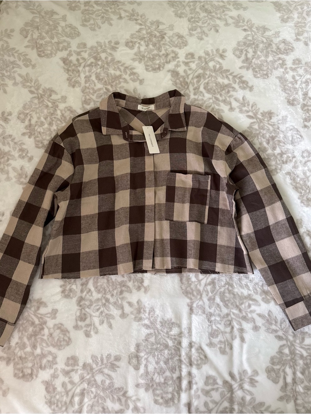NWT No Comment Cropped Brown & Beige Plaid Button-Up Shirt Cotton Blend